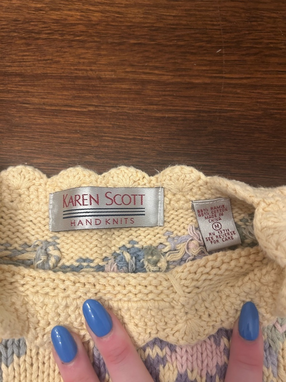 Vintage karen Scott Cream Knit Crewneck Sweater with Blue-Lavender Accents - Picture 2 of 2